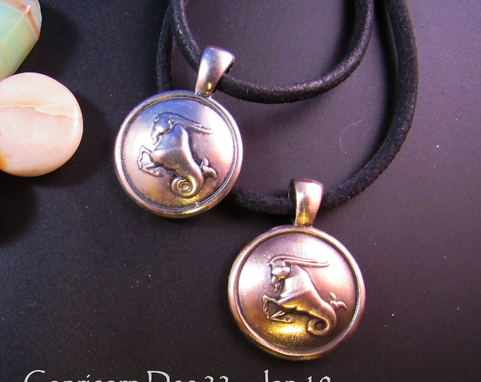 KFP168 Round Capricorn Pendant - December 22 - January 19- Capricorn Sea Goat in Solid Golden Bronze or Sterling Silver by Kim Fox