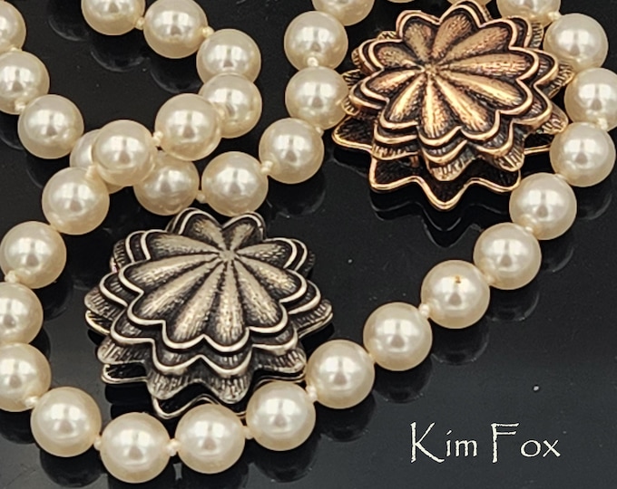 KF291 Scallop Magnetic Clasp 3 loops  for pearls, kumihimo, bead crochet, or weaving, by Kim Fox in golden and white bronze and silver