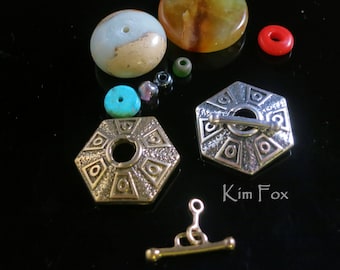 KF256 Hexagonal - 6 sided small silver or bronze toggle - Easy and Secure to use - Ancient Treasure - Single Strand - by Kim Fox