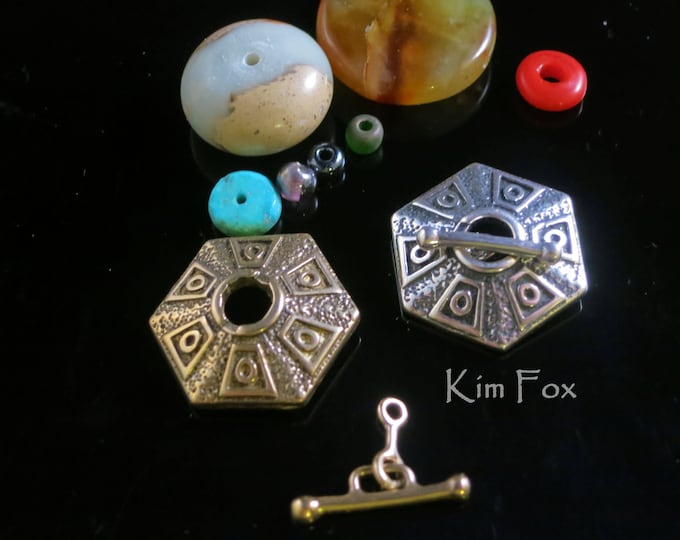 KF256 Hexagonal - 6 sided small silver or bronze toggle - Easy and Secure to use - Ancient Treasure - Single Strand - by Kim Fox
