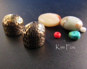KF381 Oval Dash Pattern Cones KF381  n Sterling Silver & Golden Bronze suitable for single or two strands - glue, cord or wire  by Kim Fox