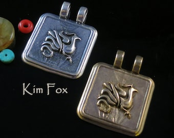 KFP17 Phoenix Rising Pendant bronze & sterling silver- rectangular and double bail - Chinese  symbolizes female strength - by Kim Fox