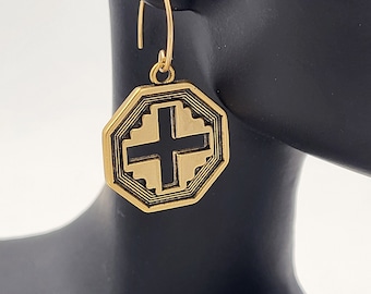 KFE282 Well Balanced Cross Earrings in Sterling Silver or Golden Bronze - pierced cross in 8 sided pendant - designed by Kim Fox