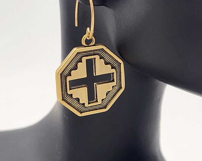 KFE282 Well Balanced Cross Earrings in Sterling Silver or Golden Bronze - pierced cross in 8 sided pendant - designed by Kim Fox