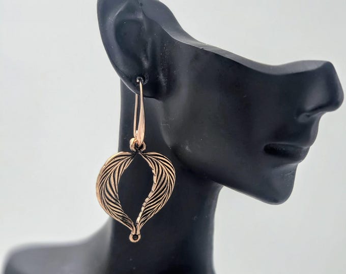 KFE530 Feather Heart Earrings in silver, gold bronze, red bronze