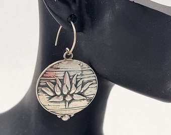 KFE373 Lotus Bloom Earrings in Sterling Silver or Golden Bronze designed by Kim Fox 1 by 1.25  inch drop or 25 by 30mm