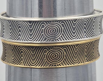 KFB505 Solar Pattern Adjustable Cuff in silver and bronze designed by Kim Fox