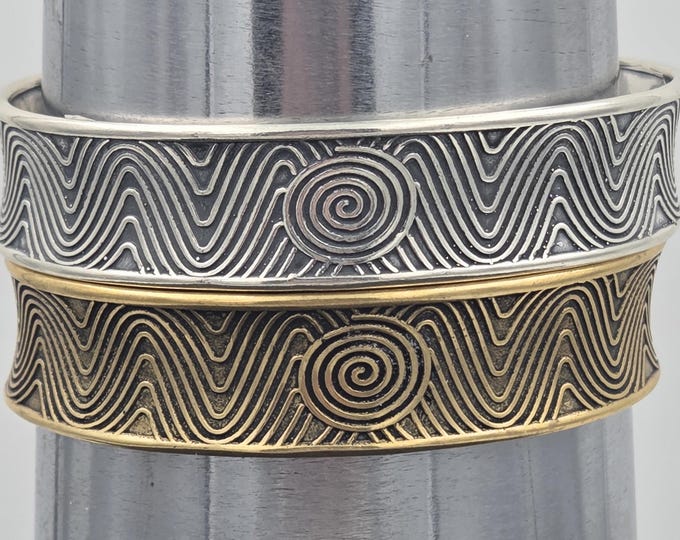 KFB505 Solar Pattern Adjustable Cuff in silver and bronze designed by Kim Fox