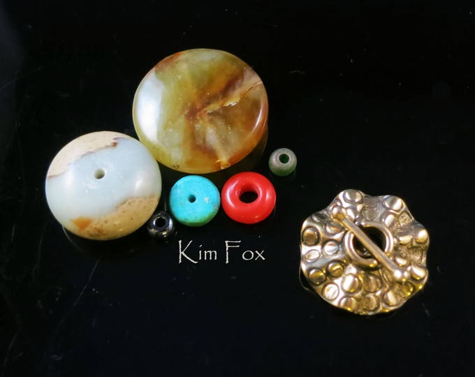 C187 Round Single Strand Secure and Easy to Use Toggle with Sea Urchin Pattern-in sterling silver and golden bronze - single loop by Kim Fox