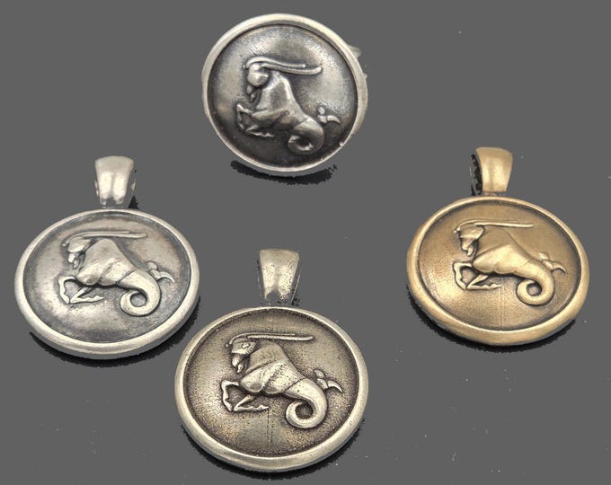 Capricorn Adjustable Sterling Silver Ring, Bronze Pendants