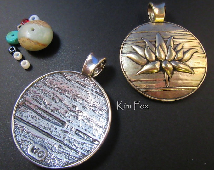 KFP372 Lotus Pendant in Silver& Bronze designed by Kim Fox 2 X 1 1/2 inches or 50 by 41 mm. Textural and dimensional with large bail.
