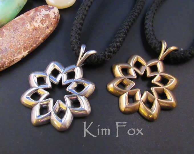 KFP15 Desert Flower Pendant in Silver or Bronze Two sided pendant  8 petals with open cut layout - abstract flower rounded with openings