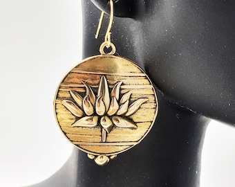 KFE373 Lotus Bloom Earrings in Sterling Silver or Golden Bronze designed by Kim Fox 1 by 1.25  inch drop or 25 by 30mm