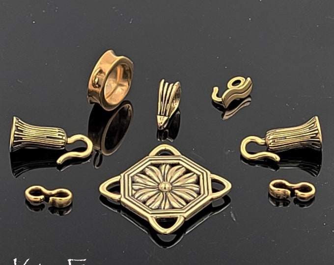 KF478 2-Sided Daisy Octagonal Element in Sterling Silver & Golden Bronze w4 loops for attachment designed by Kim Fox Use for clasp, pendant