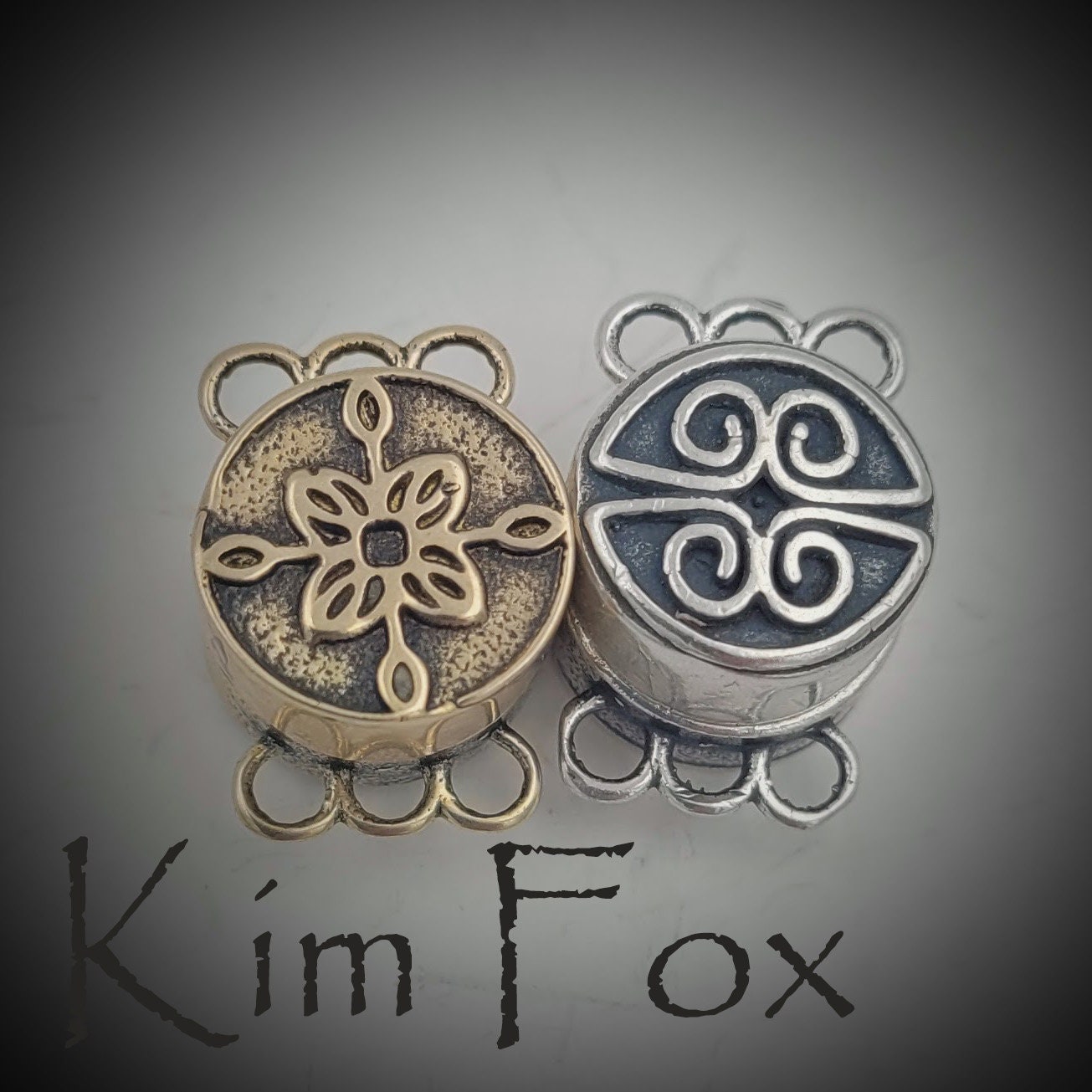 KF480 Iron Work Pattern Powerful and Petite Magnetic Clasp with 3 loops in  silver and golden bronze designed by Kim Fox