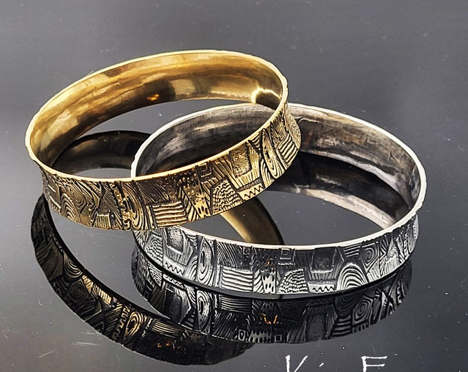 9 Inch Doodle Oval Bangles in Silver or bronze Zentangle designs in random pattern made by Kim Fox