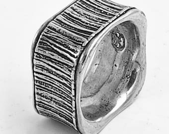 KFR286 The Forest for the Trees Vertically grooved rounded square ring suitable for both men & women designed by Kim Fox in sterling silver