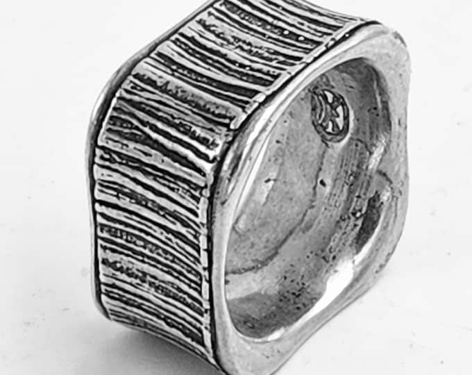 KFR286 The Forest for the Trees Vertically grooved rounded square ring suitable for both men & women designed by Kim Fox in sterling silve.