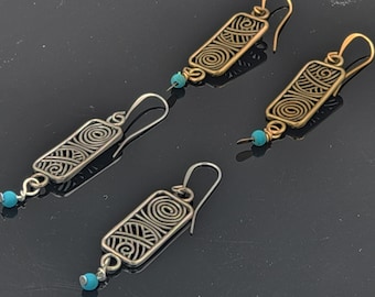 KFE386 Filigree Swirl Rectangle earrings,  in Sterling Silver or Golden Bronze by Kim Fox
