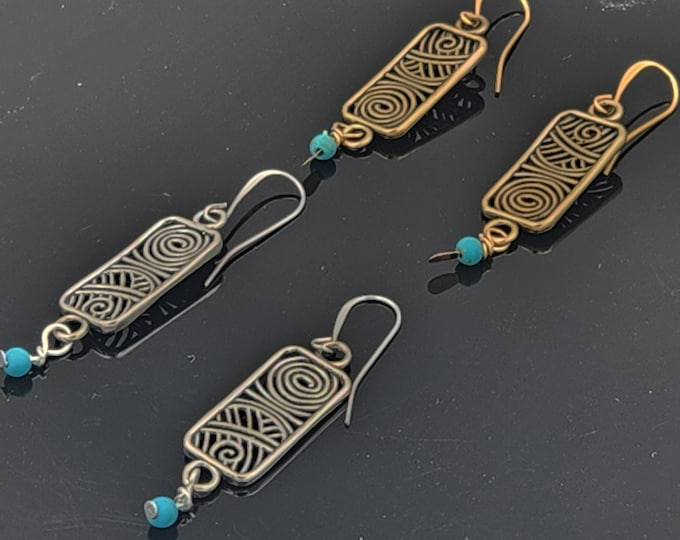 KFE386 Filigree Swirl Rectangle earrings,  in Sterling Silver or Golden Bronze by Kim Fox