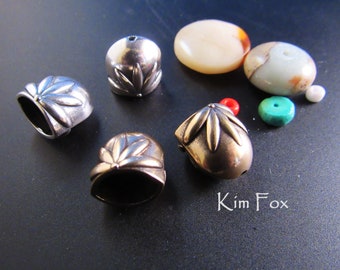 KF379 Floral Pattern Oval Cones in Sterling Silver & Bronze suitable for single or two strands - glue, cord or wire connection by Kim Fox