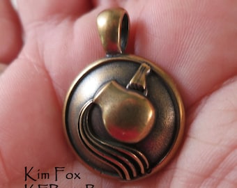 Round One Inch Aquarius  Pendant - Jan 21 to Feb 19 -  in Solid Bronze Showing the water of life being poured