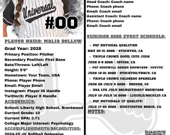 Hoja de perfil de jugador individual / Hoja de reclutamiento universitario / Todos los deportes / Plantilla personalizable