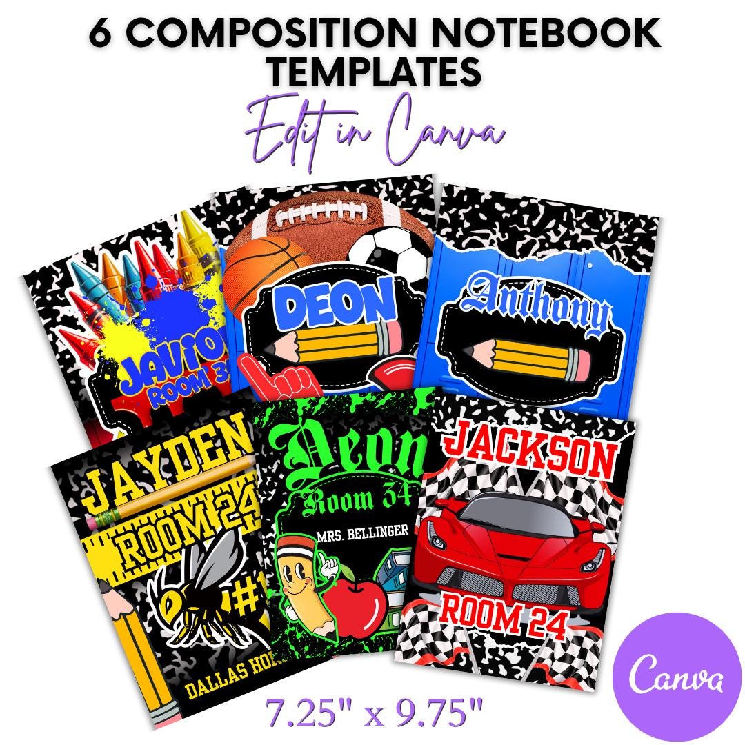 Boys' Composition Notebook Covers: 6 Editable Canva Templates (digital ...