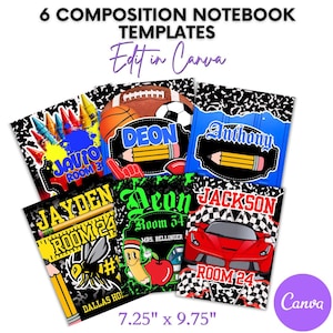 May include: Six composition notebook templates with various designs. Each notebook features a name, room number, and themed graphics like sports equipment, crayons, and a race car. The notebooks measure 7.25 x 9.75 inches.