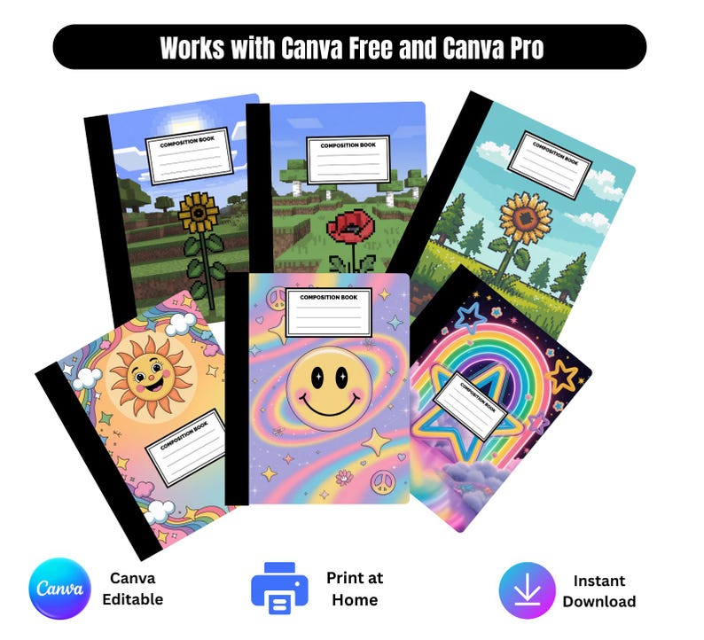 Editable Composition Book Cover Templates: 20 Canva Designs (6.75" X 9. ...