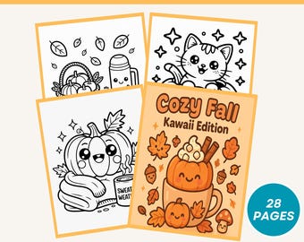 May include: A set of Kawaii Fall colouring pages with adorable illustrations of pumpkins, leaves, and a cat. The cover reads "Cozy Fall Kawaii Edition" and includes the text "Printable PDF • Instant Download". A blue circle displays "28 PAGES".
