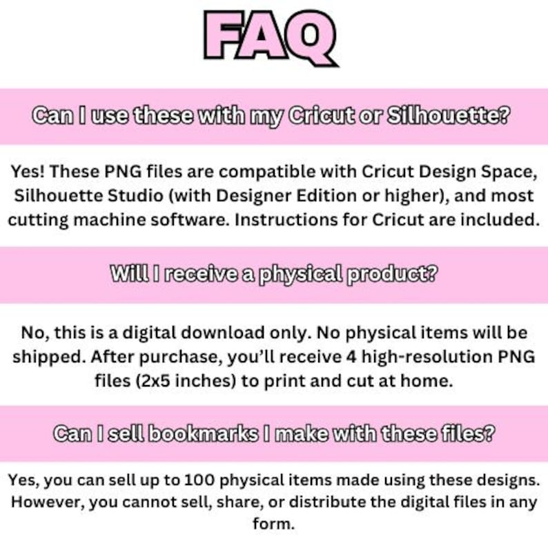 May include: A pink and white graphic with the letters "FAQ" at the top. The text answers questions about using the PNG files with cutting machines, whether a physical product is received, and selling items made with the files.