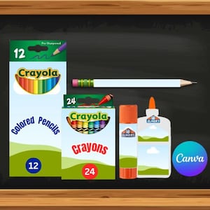 Back to School Canva Template Bundle – Editable Designs for Crayon Boxes, Pencil Boxes, Glue Bottles & School Supplies