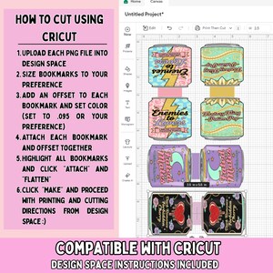 May include: Digital design file featuring printable bookmark templates with soda can designs. Includes instructions for Cricut cutting, with text like "Enemies to Lovers" and "Fated Mates." The bookmarks are approximately 2.5 inches by 5.5 inches.