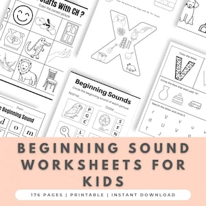 Puede incluir: Hojas de trabajo imprimibles en blanco y negro para niños, con ejercicios para aprender el alfabeto y los sonidos iniciales. Las hojas de trabajo incluyen ilustraciones de objetos y letras. Se muestra el título "Beginning Sound Worksheets for Kids".