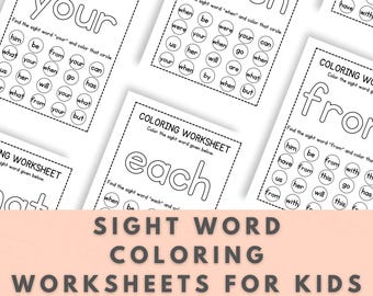 Puede incluir: Hojas de trabajo para colorear palabras de uso frecuente para niños. Cada hoja presenta una palabra como "your", "when", "each" y "from", con círculos para colorear. La parte inferior de la imagen dice "SIGHT WORD COLORING WORKSHEETS FOR KIDS".