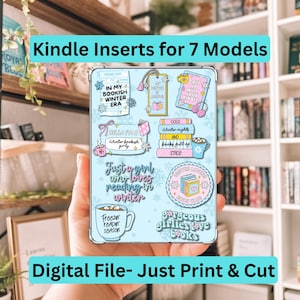 May include: A light blue Kindle case insert with winter-themed graphics and text. The text includes "Kindle Inserts for 7 Models", "In My Bookish Winter Era", "Hello I'm a winter bookish girly", and "Just a girl who loves reading in winter". The words "Digital File- Just Print & Cut" are also visible.
