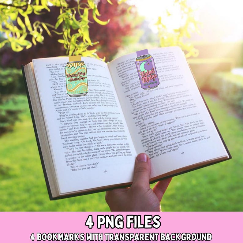 May include: An open book with two decorative bookmarks. One bookmark is a can design with the text "Fantasy Ring Potion Shop". The other bookmark is a can design with the text "Fated Mates". The image also includes the text "4 PNG FILES" and "4 BOOKMARKS WITH TRANSPARENT BACKGROUND".