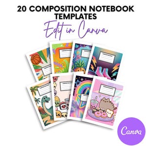 Editable Canva Composition Book Cover Templates – 20 Printable Designs with Blank Template for Back to School & Teachers