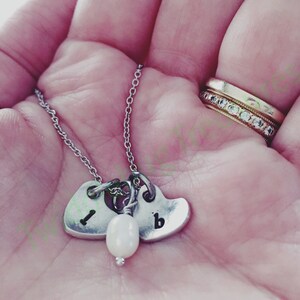 Hand Stamped Initial Heart Necklace: Pewter, Freshwater Pearl