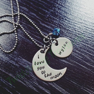 Hand Stamped Moon Necklace: Personalized Name & Birthstone, Stainless Steel