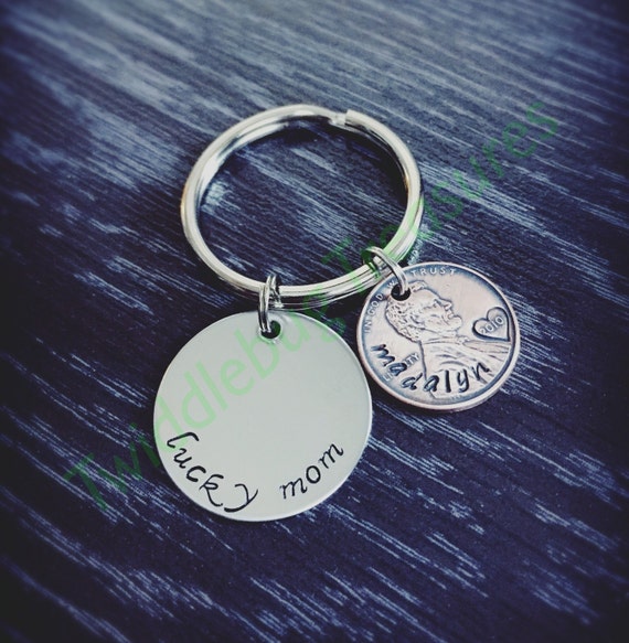 Lucky Mom Penny Keychain: Hand Stamped Stainless Steel Key Ring