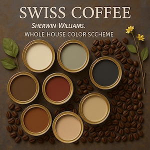 Könnte beinhalten: Ein Bild mit einer Farbpalette von Farbdosen mit dem Text "SWISS COFFEE" und "SHERWIN-WILLIAMS". Die Dosen sind kreisförmig angeordnet und enthalten jeweils einen anderen Farbton, von hellem Beige bis Dunkelbraun. Kaffeebohnen und Blätter umgeben die Dosen.