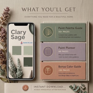 K&ouml;nnte beinhalten: Digitales Design f&uuml;r die Inneneinrichtung, mit einem Smartphone, das Farbmuster der Farbe "Clary Sage" von Sherwin-Williams anzeigt. Enth&auml;lt einen Farbpaletten-Leitfaden, einen Farbplaner und einen Bonus-Farbleitfaden. Der Text lautet "What You'll Get" und "Instant Download".