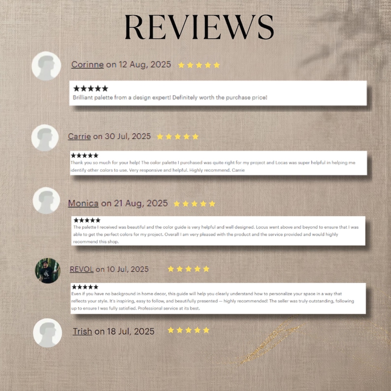 K&ouml;nnte beinhalten: Bild von Kundenbewertungen mit dem Wort &bdquo;REVIEWS&ldquo;. Die Bewertungen stammen von Corinne, Carrie, Monica, REVOL und Trish. Jede Bewertung enth&auml;lt ein Datum und eine Sternebewertung. Die Bewertungen sind auf beigem Hintergrund geschrieben.