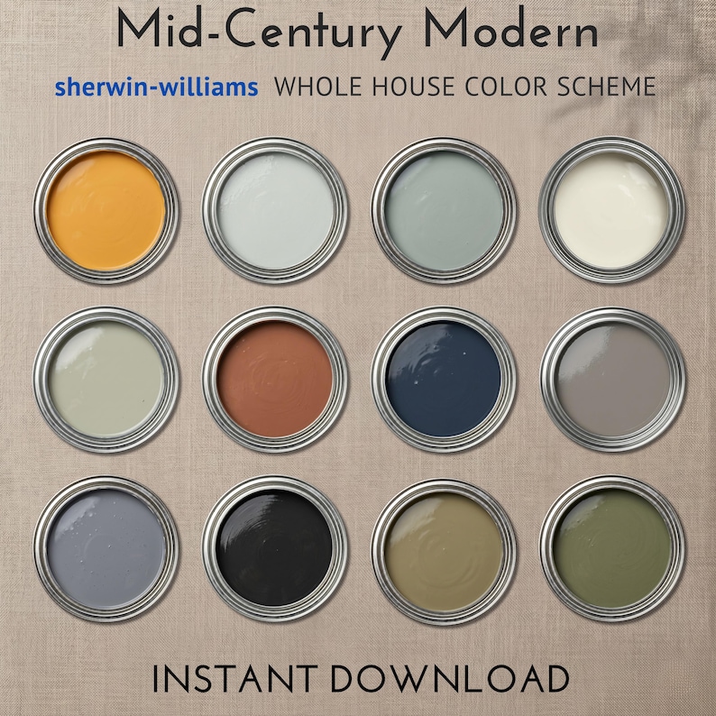 K&ouml;nnte beinhalten: Eine Farbpalette mit zw&ouml;lf Farbt&ouml;pfen in verschiedenen Farbt&ouml;nen, darunter Orange, Wei&szlig;, Grau und Gr&uuml;n. Der Text "Mid-Century Modern" und "sherwin-williams WHOLE HOUSE COLOR SCHEME" sind oben zu sehen. Die Worte "INSTANT DOWNLOAD" stehen unten.