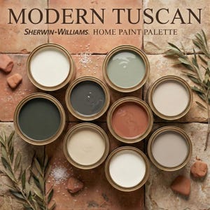 Puede incluir: Una paleta de colores de pintura en latas metálicas abiertas, dispuestas sobre una superficie de ladrillo. Los colores incluyen tonos de blanco, verde, gris y terracota. El texto "MODERN TUSCAN" y "SHERWIN-WILLIAMS. HOME PAINT PALETTE" están visibles.