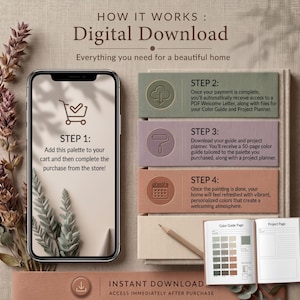 K&ouml;nnte beinhalten: Grafik zum digitalen Download mit Anweisungen f&uuml;r eine Home-Decor-Palette. Das Bild zeigt ein Smartphone mit einem Einkaufswagen-Symbol und Schritte f&uuml;r Kauf, Download und Farbf&uuml;hrer-Zugang. Der Text lautet: "Alles, was Sie f&uuml;r ein sch&ouml;nes Zuhause brauchen."