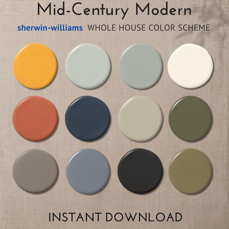 K&ouml;nnte beinhalten: Ein Farbschema-Leitfaden mit zw&ouml;lf Farbmustern in verschiedenen Farben, darunter Gelb, Blau und Gr&uuml;n. Der Text "Mid-Century Modern" und "sherwin-williams WHOLE HOUSE COLOR SCHEME" stehen oben. Die Worte "INSTANT DOWNLOAD" stehen unten.