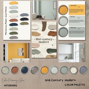 K&ouml;nnte beinhalten: Eine Farbpalette im Mid-Century-Modern-Stil mit Farbmustern und Einrichtungsideen. Das Bild zeigt Farbdosen, Farbmuster und Raumszenen mit Farben wie Gelb, Blau und Grau.